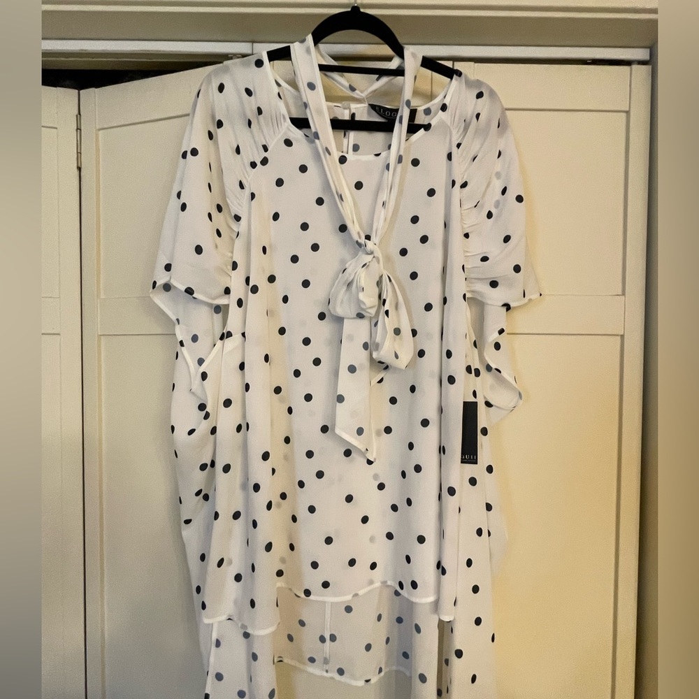 Eloquii white and navy polka dot blouse